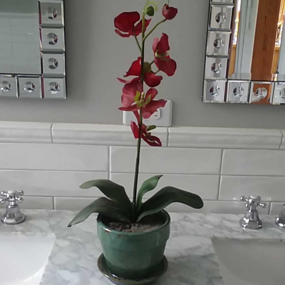 Pretty faux orchid in glass planter
